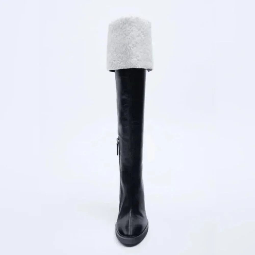 Zara Over The Knee Leather Boots with Faux Shearling Lining